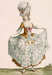Voysardによって刻まれたレディーススタイルのイブニングドレス、「Galeries des Modes et Costumes Francais」c.1778-87からのプレートno.64